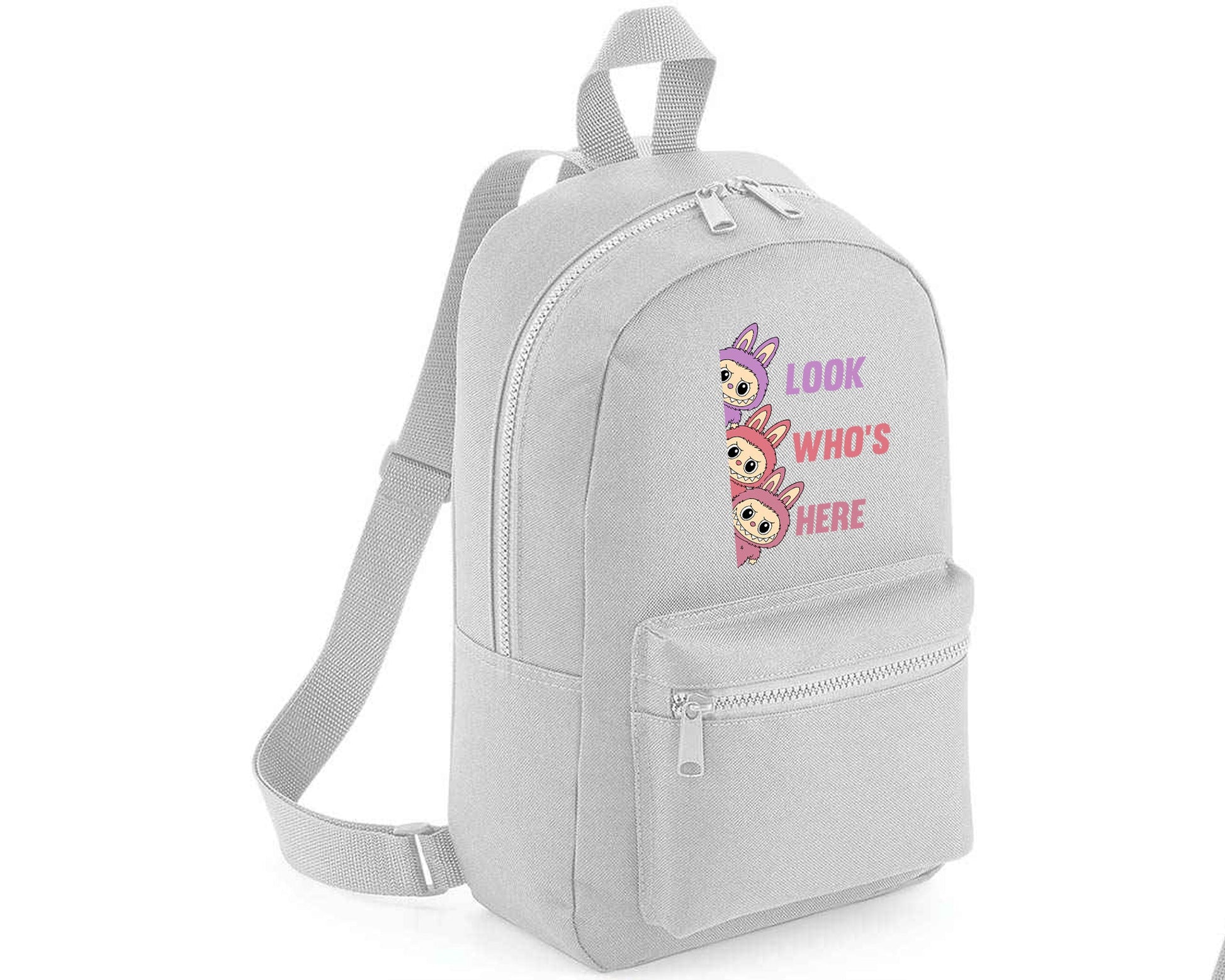 Labubu Look Who’s Here Backpack, Unisex Cartoon Printed Mini Essential Fashion Bag, Front Zip Pocket Kawayi Lovers M8426