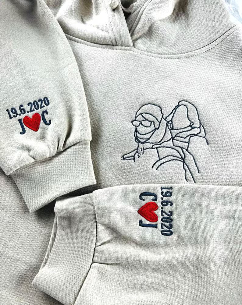 Custom Photo Embroidered Hoodie, Personalised Family Matching Sketch from Photo Unisex Jumper, 1st Anniversary Special Date Initial Sweater