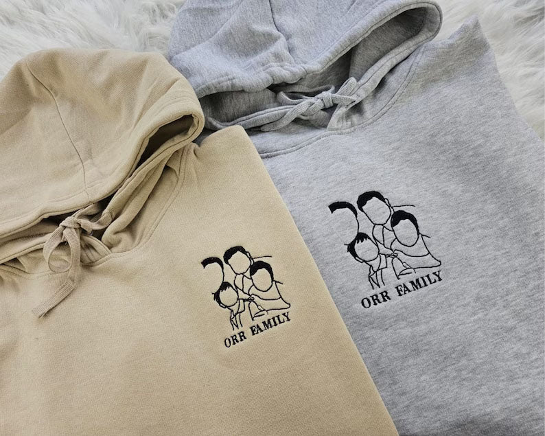 Custom Photo Embroidered Hoodie, Personalised Family Matching Sketch from Photo Unisex Jumper, 1st Anniversary Special Date Initial Sweater