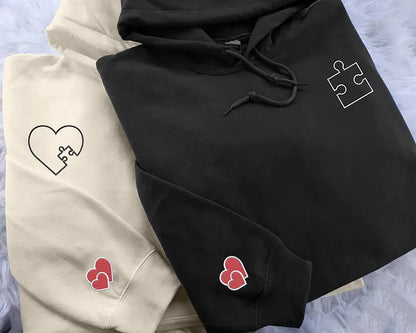 Embroidered You Complete Me Heart Puzzle Hoodies, Couple Matching Valentines Day Hoodie, Custom Heart Puzzle Valentine Jumper, Gifts for Him