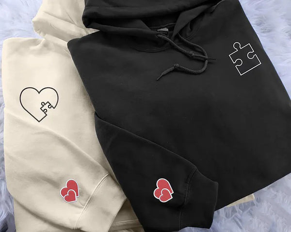 Embroidered You Complete Me Heart Puzzle Hoodies, Couple Matching Valentines Day Hoodie, Custom Heart Puzzle Valentine Jumper, Gifts for Him