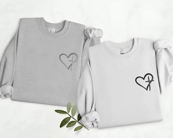 Embroidered Cross Heart Sweatshirt, Christian Religious Faith Crewneck Sweater, Love Heart Valentines Day Jumper, Valentines Gifts for Her