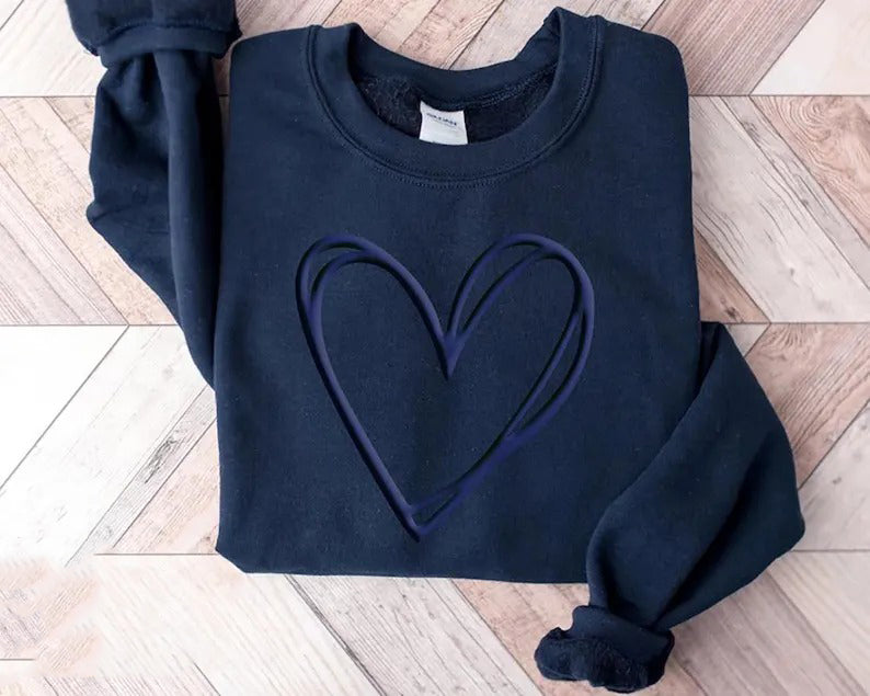 Valentine Heart Sweatshirt, Double Embossed Heart Crewneck Sweater, Valentine Day Puff Printed Jumper, Love Heart Sweater, Valentines Gift