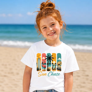 Retro Sun Chase Tropical Beach Graphic Summer Kids T-Shirt