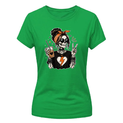 Rocker coffee skeleton graphic Halloween Ladies t-shirt