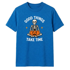 Meditating skeleton pumpkin print Halloween Unisex T-Shirt