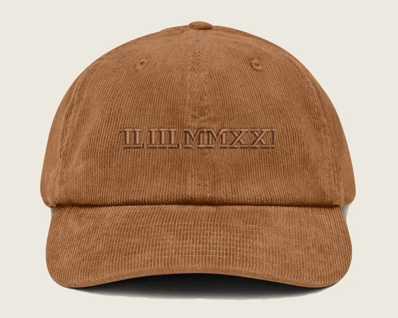 Roman Numeral Corduroy Cap, Embroidered Vintage Custom Date Hat, Personalised Anniversary Wedding Birthday Date In Roman Matching Couple Hat