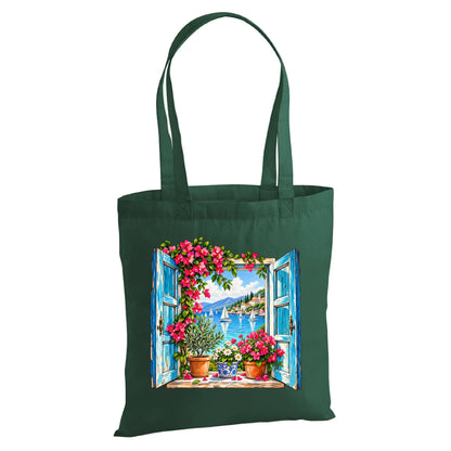 Scenic coastal window view with vibrant flowers cotton Tote Bag