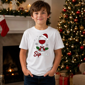 Sipmas Santa Hat Wine Glass Graphic Christmas Kids T-Shirt