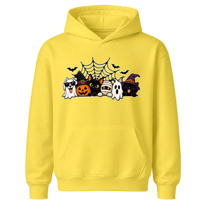 Spooky character group and spider web Halloween Kids Hoodie