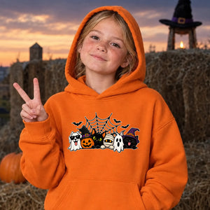 Spooky character group and spider web Halloween Kids Hoodie