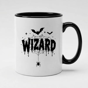 Spooky dripping text wizard and spider web Halloween Mug