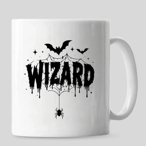 Spooky dripping text wizard and spider web Halloween Mug