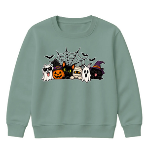 Spooky gang characters spider web Halloween Kids Sweatshirt