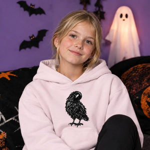Spooky hand sketched dark raven bird Halloween Kids Hoodie
