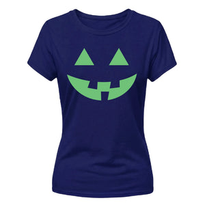 Spooky neon glowing pumpkin face Glow in the Dark Ladies T-Shirt