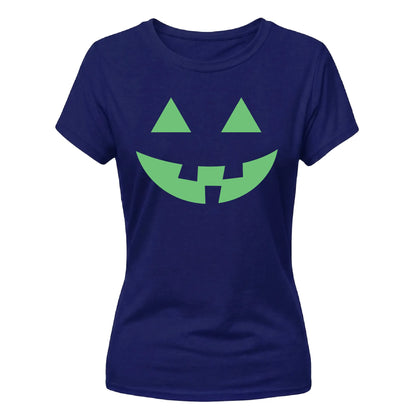 Spooky neon glowing pumpkin face Glow in the Dark Ladies T-Shirt