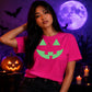 Spooky neon glowing pumpkin face Glow in the Dark Ladies T-Shirt