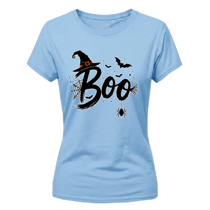Spooky witch hat boo text graphic Halloween ladies t-shirt