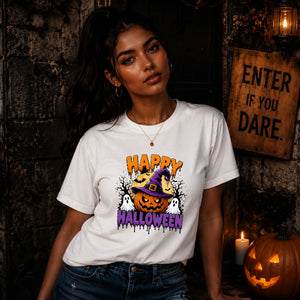 Spooky witch hat pumpkin graphic Halloween Ladies t-shirt