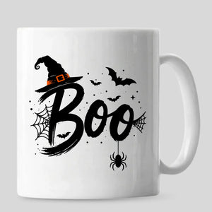Spooky witch hat spider web boo text graphic Halloween Mug