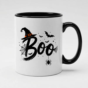 Spooky witch hat spider web boo text graphic Halloween Mug