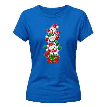 Stacked snowmen gift box graphic Christmas Ladies T-Shirt