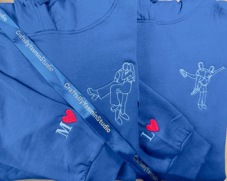 Custom Photo Embroidered Hoodie, Personalised Family Matching Sketch from Photo Unisex Jumper, 1st Anniversary Special Date Initial Sweater