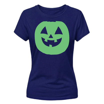 Vibrant round pumpkin face Glow in the Dark Ladies T-Shirt