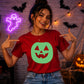 Vibrant round pumpkin face Glow in the Dark Ladies T-Shirt