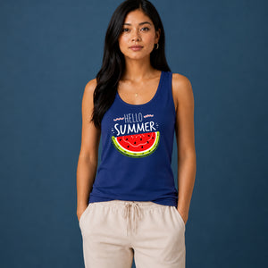 Vibrant Watermelon Hello Summer Graphic Ladies Tank Top