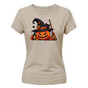 Witch hat pumpkin black cat graphic Halloween ladies t-shirt