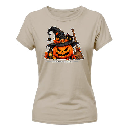 Witch hat pumpkin black cat graphic Halloween ladies t-shirt