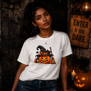 Witch hat pumpkin black cat graphic Halloween ladies t-shirt