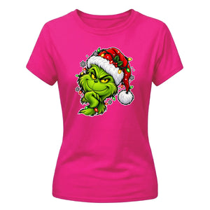 Witty smiling green grinch portrait Christmas Ladies T-Shirt