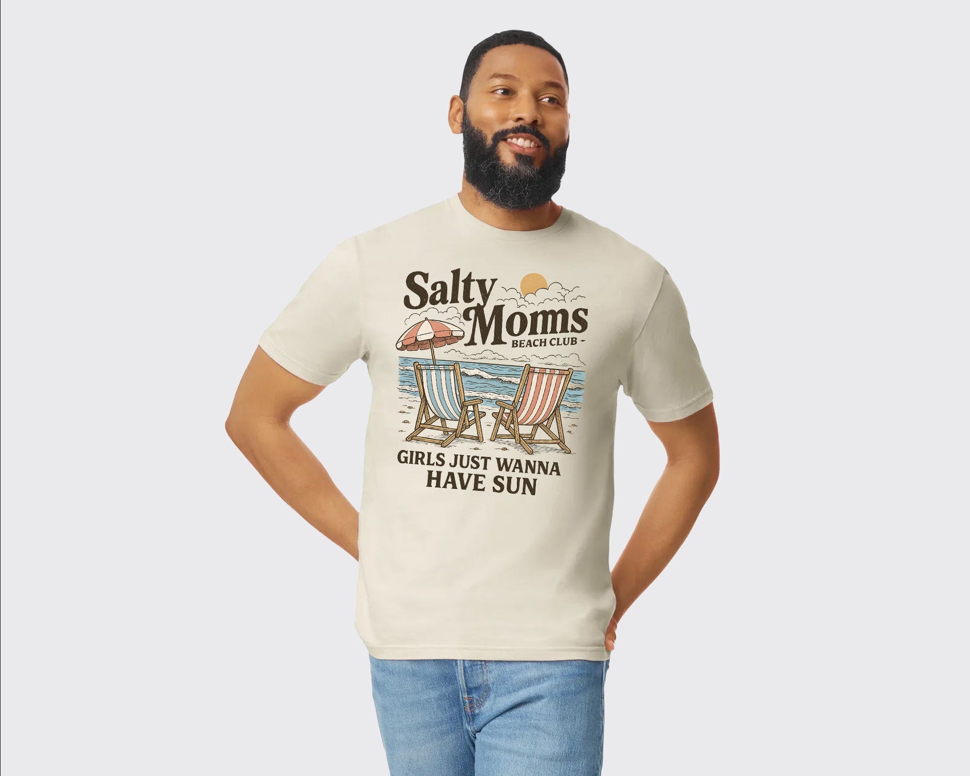 Salty Moms Beach Club Summer T-Shirt, Fun & Stylish Printed Classic Fit Tee, 100% Cotton Summer Shirt For Beach-Loving Moms M8437