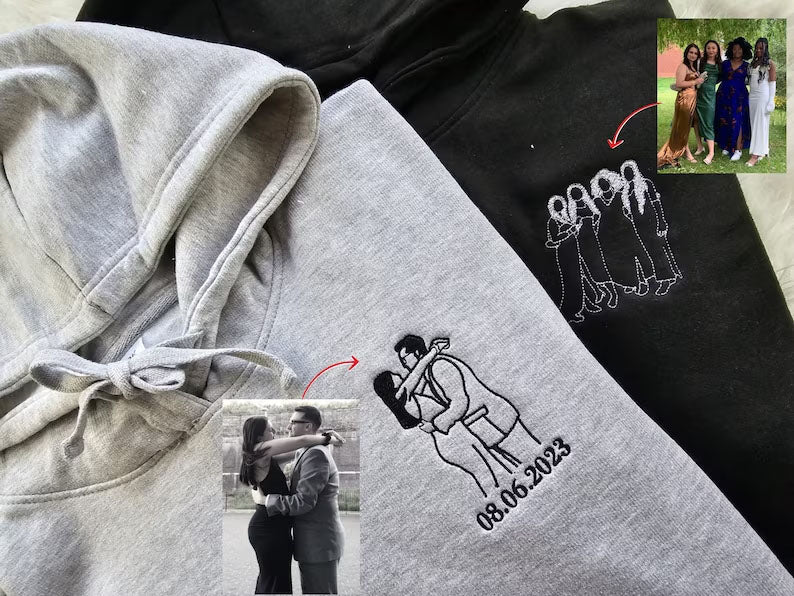 Custom Photo Embroidered Hoodie, Personalised Family Matching Sketch from Photo Unisex Jumper, 1st Anniversary Special Date Initial Sweater